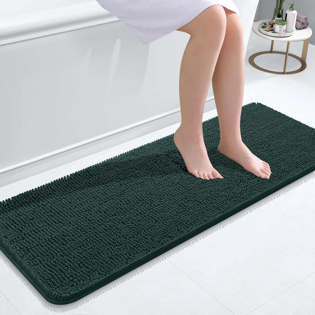 OLANLY Bathroom Runner Rugs - Soft Absorbent Chenille with Quick-Dry Rubber Backing | 47x17 Inches, Blackish Green