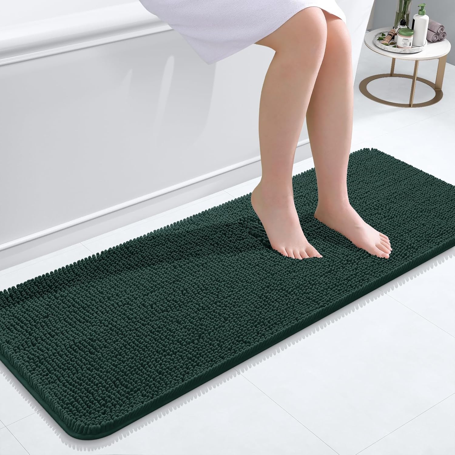 OLANLY Bathroom Runner Rugs - Soft Absorbent Chenille with Quick-Dry Rubber Backing | 47x17 Inches, Blackish Green