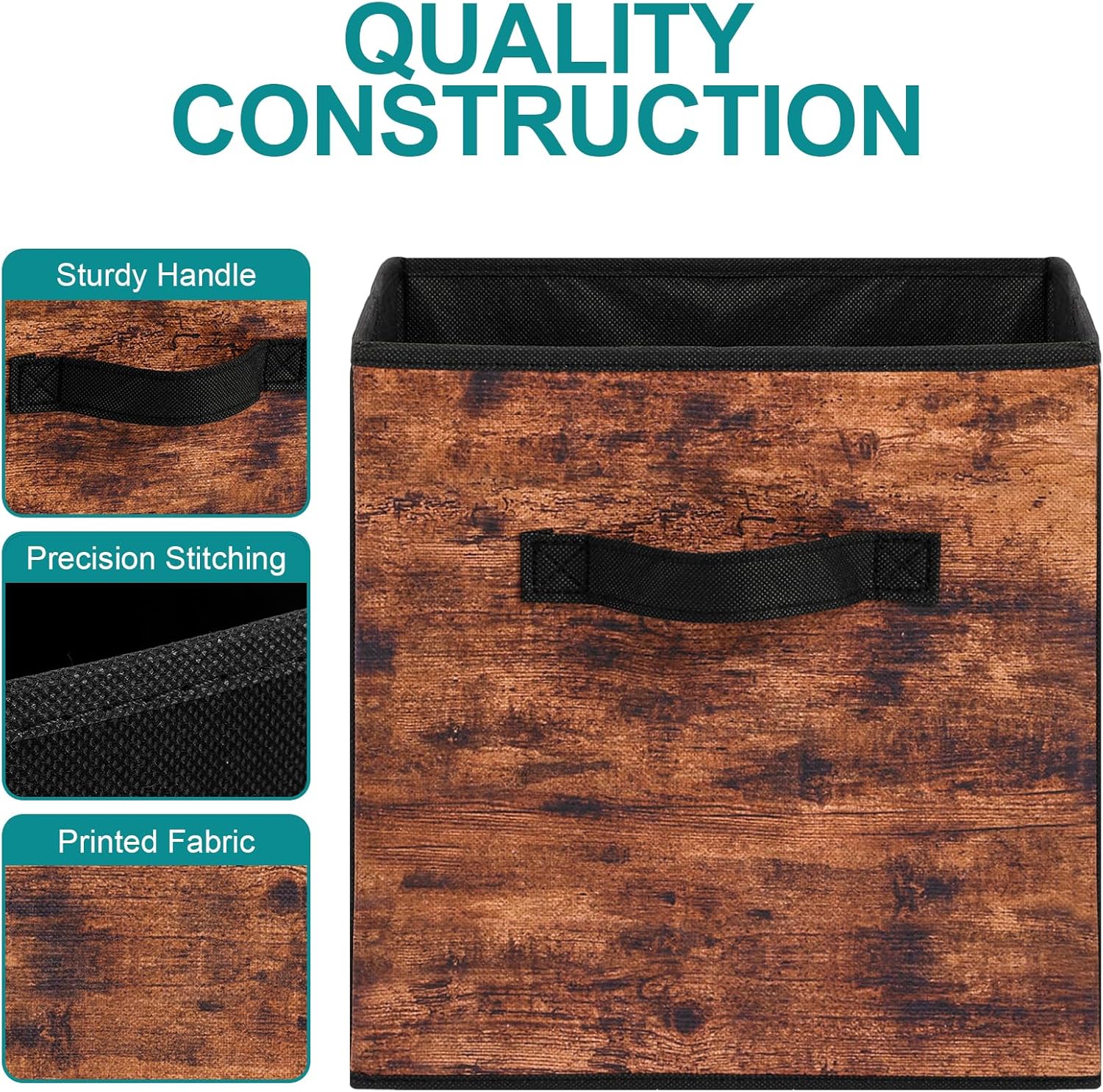 Stero Fabric Storage Cubes - 6 Pack Foldable Bins with Handles | 13-Inch Rustic Brown & Black Organizer