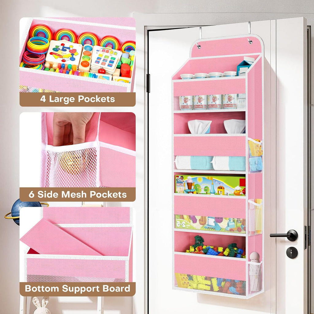 SpaceWhisper Over The Door Organizer - 4 Large Pocket Hanging Storage For Nursery & Bathroom (Pink)