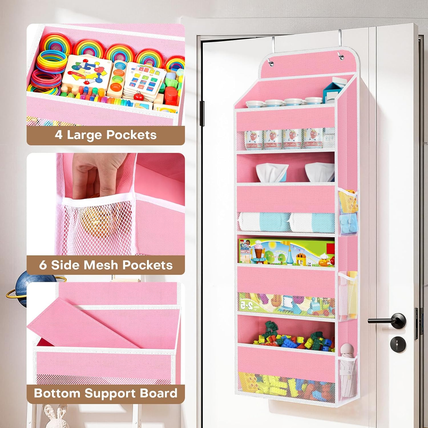 SpaceWhisper Over The Door Organizer - 4 Large Pocket Hanging Storage For Nursery & Bathroom (Pink)