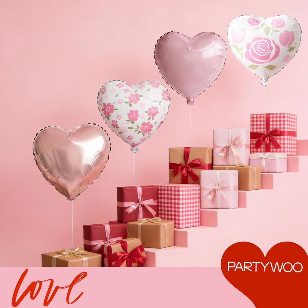 PartyWoo Pink Balloons - 127 Pcs in Various Sizes with Heart Foil for Valentine's Day Decor