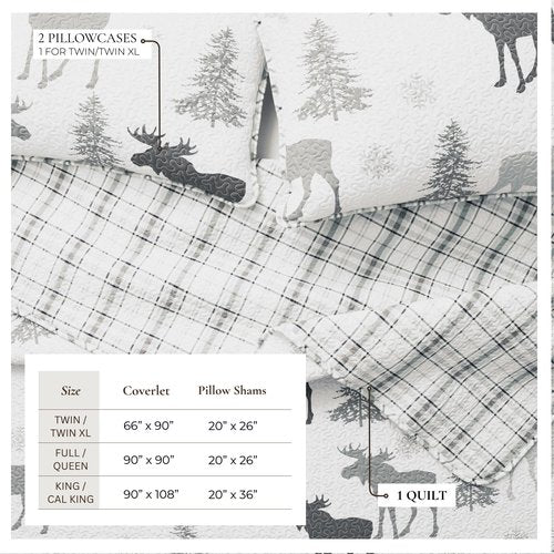 Great Bay Home Lodge Quilt Set - 3-Piece Full/Queen Size Rustic Bedding Set - Lightweight, All-Season, Reversible Bedspread (Moose - Grey)