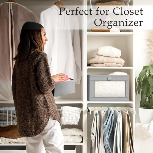 Criusia Linen Closet Organizers - 4 Pack Foldable Storage Baskets for Towels, Clothing & Books | Grey