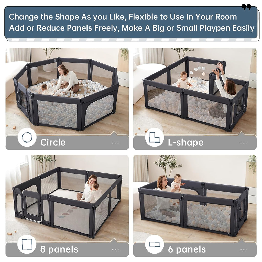 Skiennix Large Baby Playpen - Adjustable 79x71 Inch Indoor & Outdoor Foldable Play Yard | Black Mesh Safety Design