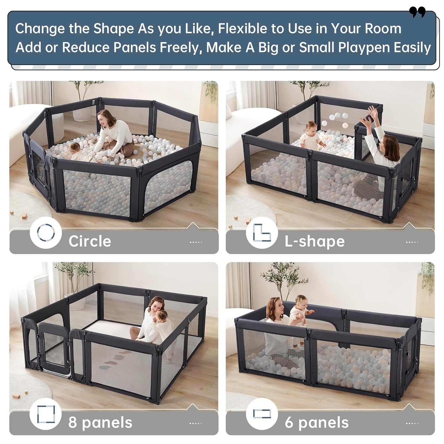 Skiennix Large Baby Playpen - Adjustable 79x71 Inch Indoor & Outdoor Foldable Play Yard | Black Mesh Safety Design