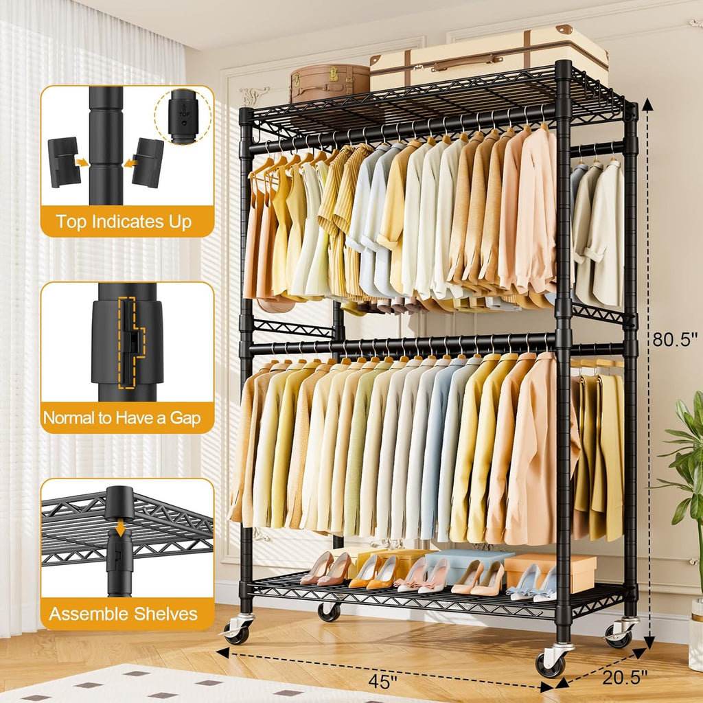 ULIFHOME Heavy Duty Rolling Clothes Rack - Portable Garment Rack with Wheels | 45''W x 20.5''D x 80.5''H, Max Load 570 Lbs, Black