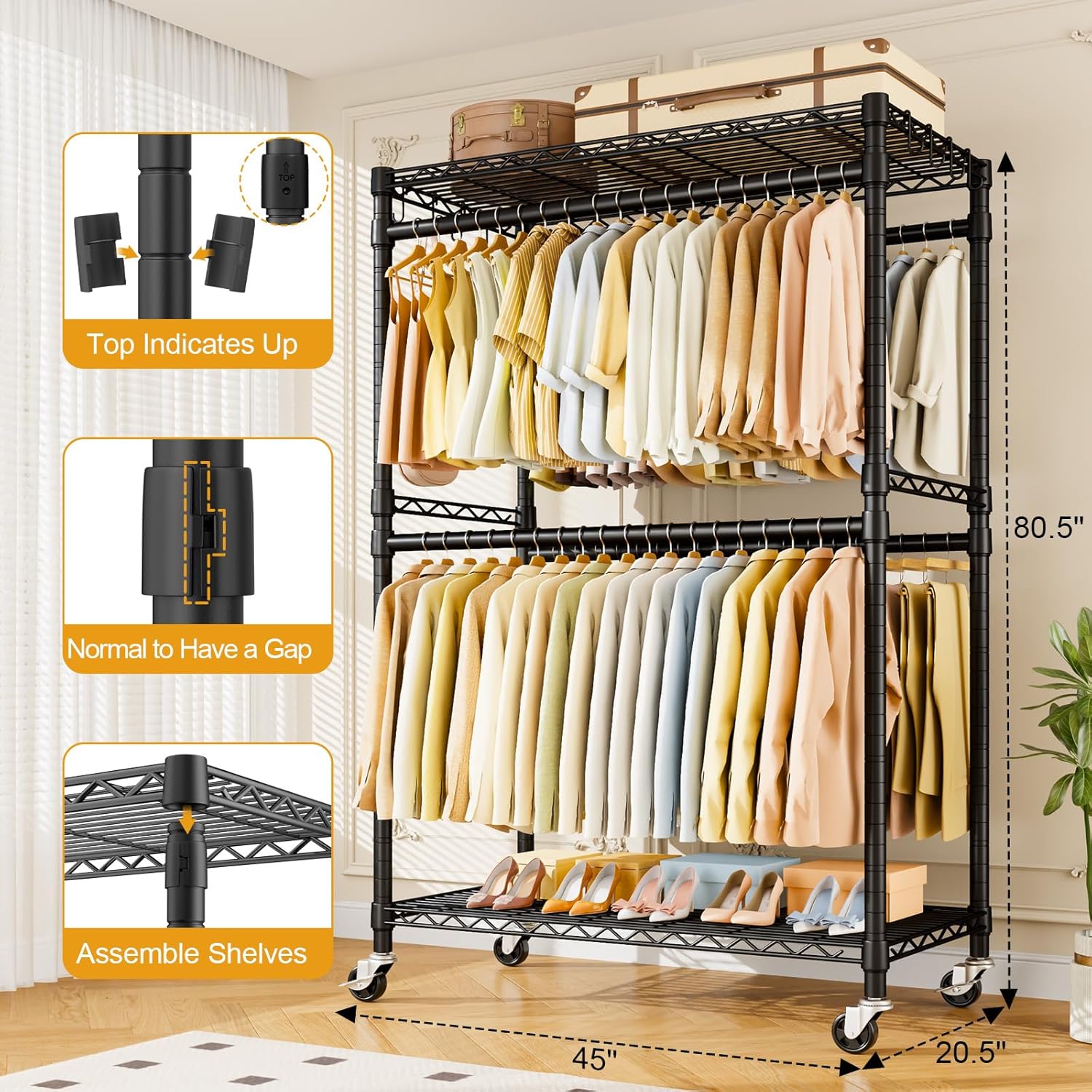 ULIFHOME Heavy Duty Rolling Clothes Rack - Portable Garment Rack with Wheels | 45''W x 20.5''D x 80.5''H, Max Load 570 Lbs, Black