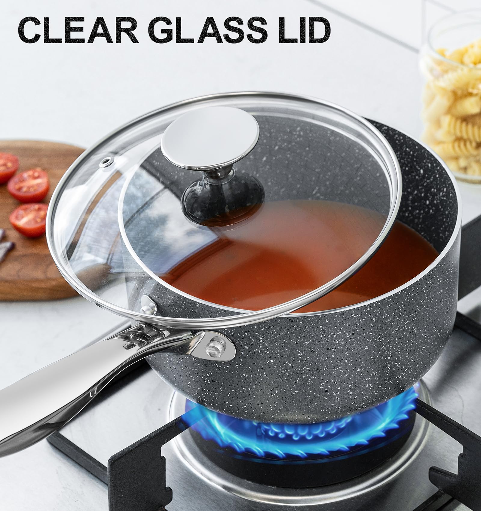 MICHELANGELO Sauce Pan with Lid, 1 Quart Saucepan with Lid Granite, Non Stick Sauce Pan with Stainless Steel Handle, 1 Qt Saucepan with Nonstick Coating, Grey