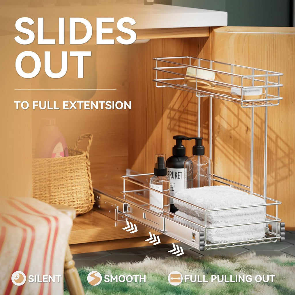 Under Sink Organizer - 2-Tier Pull-Out Cabinet Storage | Chrome Plated, 9"W x 18.5"D
