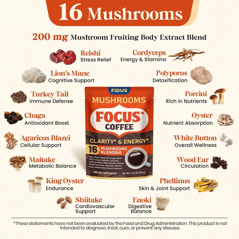 Fidus 16 in 1 Mushroom Coffee with 8000mg Adaptogenic Mushrooms with Ashwagandha, Probiotic, Magnesium and Lion's Mane Instant Mushroom Coffee for Focus, Energy, Immunity & Digestion, 40 Servings