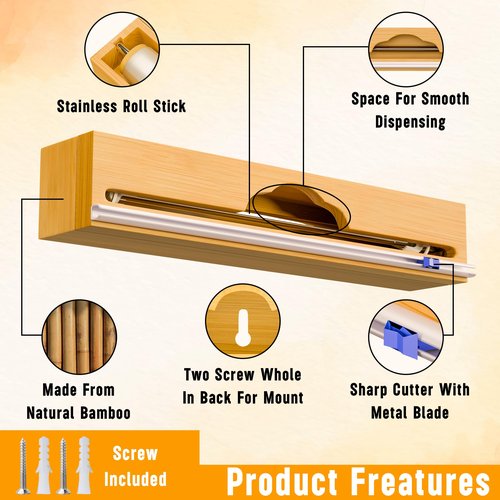 15'' Bamboo Plastic Wrap Dispenser with Cutter- Aluminum Foil Dispenser for Plastic Wrap, Parchment Paper Roll - Kitchen Wrap Dispenser with Cutter for Kitchen – Fits Up to 15'' Rolls