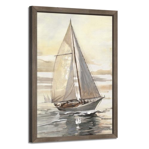 Ocean Sailboat Framed Wall Art - Nautical Boat Painting Coastal Sailing Artwork Sunset Seascape Picture Sea Beach Prints Wooden Decor for Bedroom