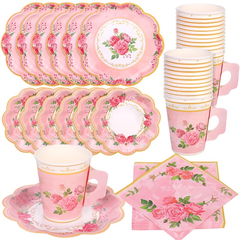 Kochorie 96 Pieces Floral Paper Tea Cups and Saucers 9 Oz Teacups with Handle 9 Inch and 7 Inch Paper Plates Saucers Napkins Disposable Tea Party Supplies Serve 24 for Wedding Baby Shower Party, Pink