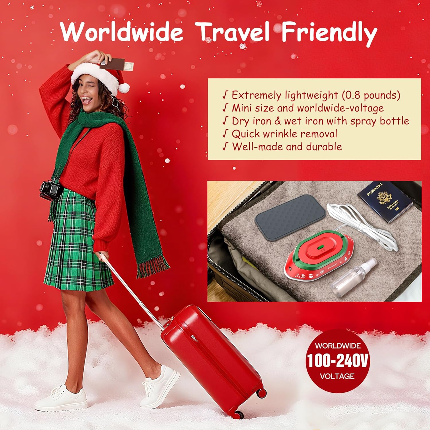 Newbealer Travel Iron - Mini Dry Iron for Clothes | Global Voltage 100-240V, 302℉, Lightweight 0.8lb, Classic Red