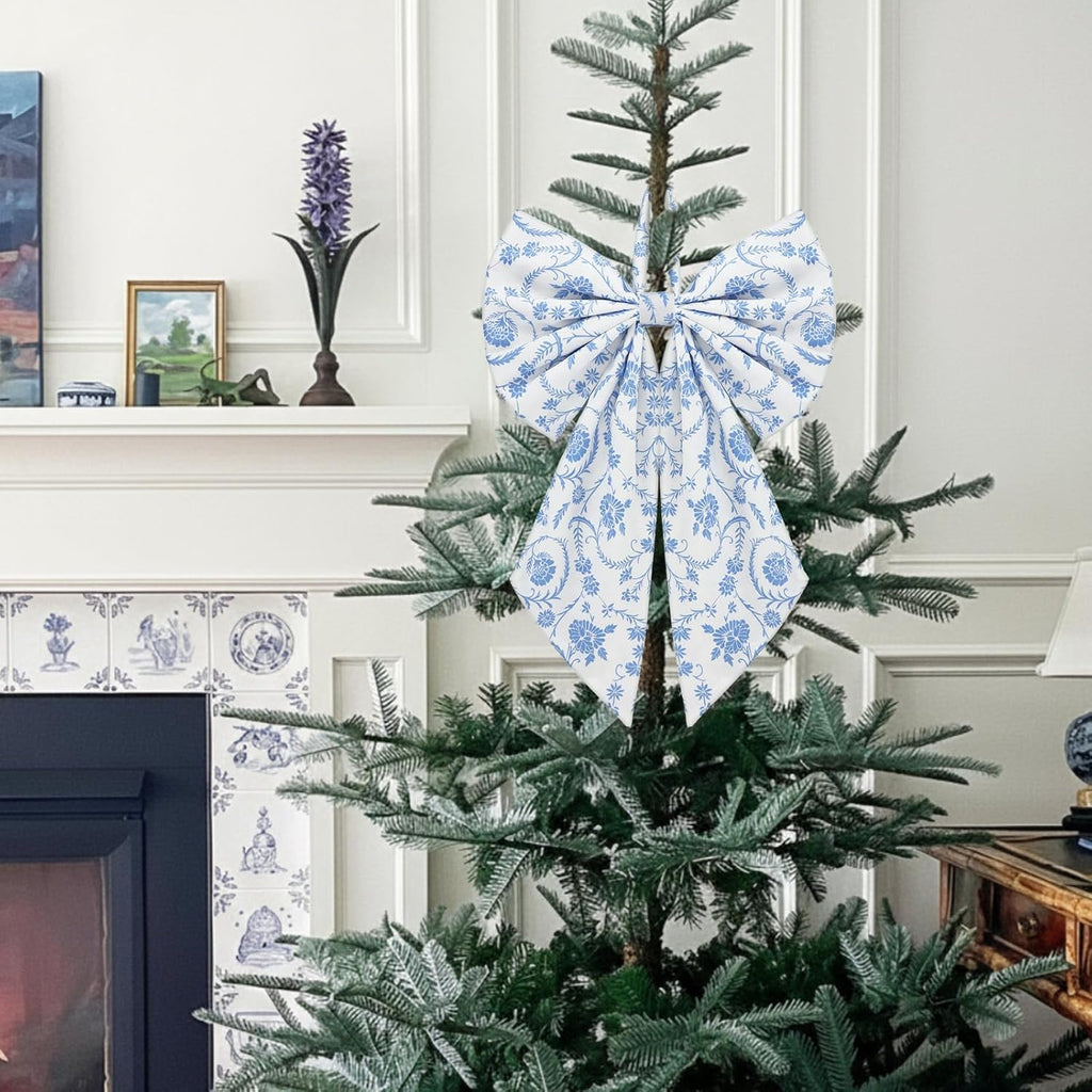 Suncalla Chinoiserie Wreath - Cute Flower Bow Front Door Hanger for Spring & Weddings | Blue Toile
