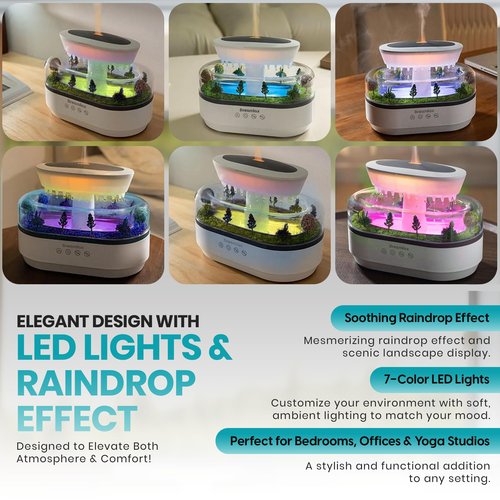 Dreamlax Rain Humidifiers for Bedroom – Cool Mist Essential Oil Diffuser, White Noise Machine with 10 Nature Sounds, 7 LED Lights, Remote Control & Decorative Raindrop Lamp