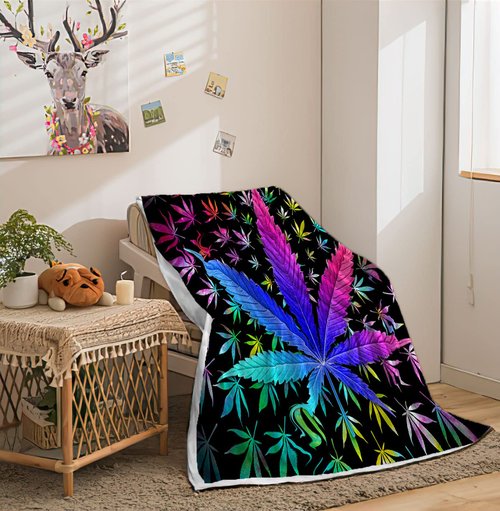 Cool Trippy Weed Throw Blanket, Neon Tie Dye Marijuana Leaf Cannabis Art Fleece Blanket, Colourful Soft Flannel Throw Blanket for Chair Bed Sofa Couch, 60X80IN