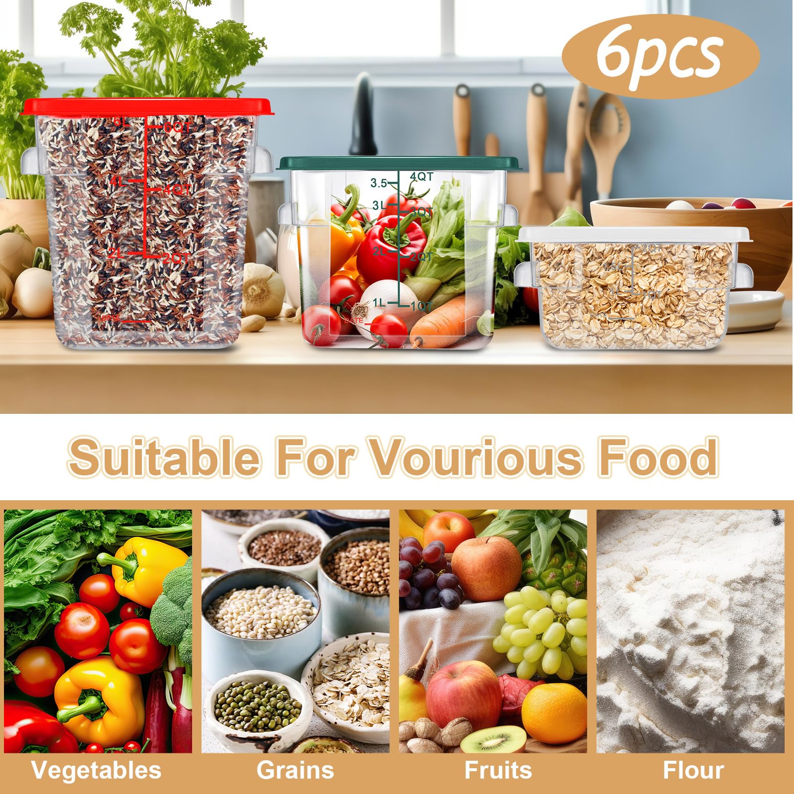 Tioncy 6 Pcs Food Storage Container with Lids Set 2 Qt 4 Qt 6 Qt Square Clear Commercial Containers with Scales Handles for Home Restaurant Kitchen Food Storage Proof Dough Marinating Meat