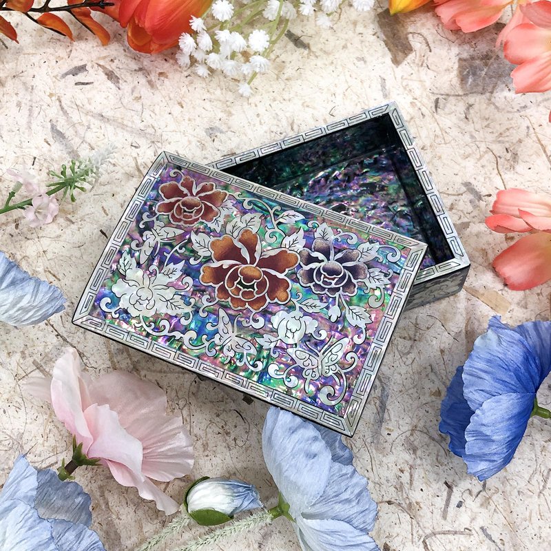 Nacreh Mother of Pearl Jewelry Ring Mini Trinket Wooden Box for Business Card Case Nacklace - Inlaid with Sea Shell Gifts for Women and Men (Peony)