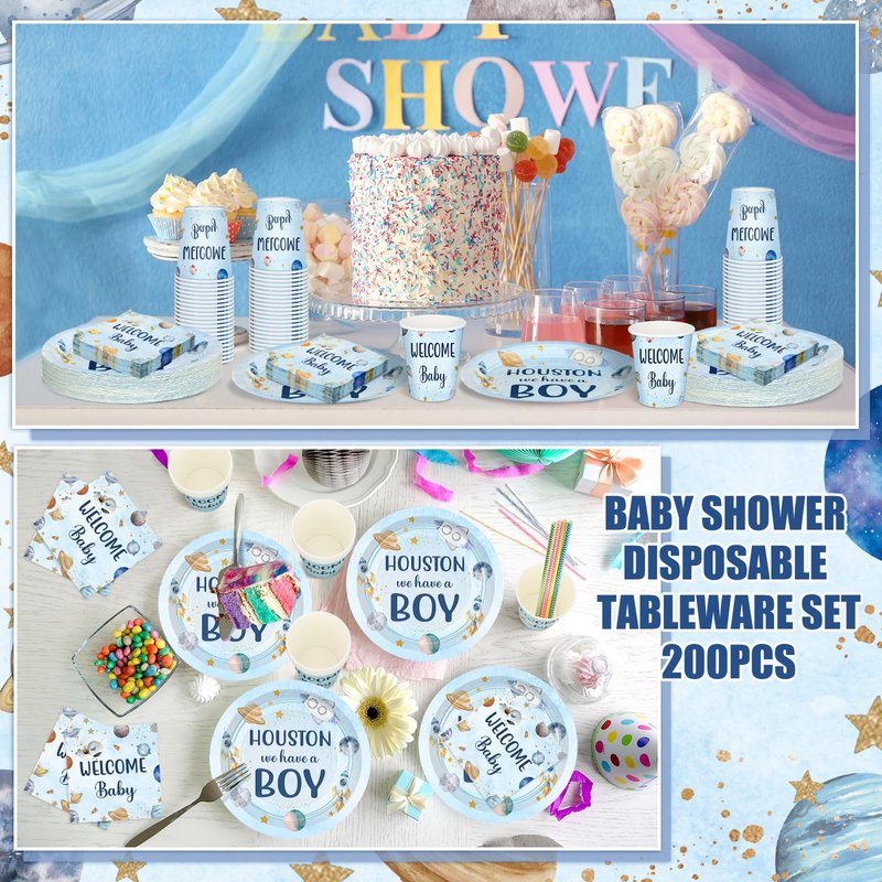 Hushee 200 Pcs Outer Space Baby Shower Paper Plates Napkins Cups Baby Shower Party Supplies Tableware Set Disposable Cup Napkin for 50 Guest Party Decoration