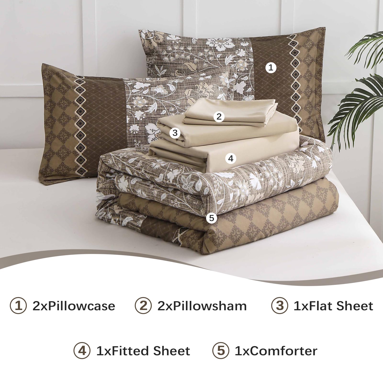 WONGS BEDDING Brown Comforter Set Queen, 7 Pieces Bed in a Bag Floral Patchwork Soft Microfiber Queen Sheet Set with Comforter, Flat Sheet, Fitted Sheet, Pillow Shams,Pillowcases