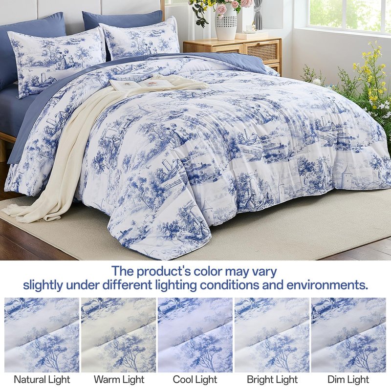 WONGS BEDDING Blue Comforter Set King, 7 Pieces Bed in a Bag Farmhouse Comforter with Sheets, French Toile Bedding Set, Soft Lightweight Microfiber Botanical Print Complete Bed Set for All Season