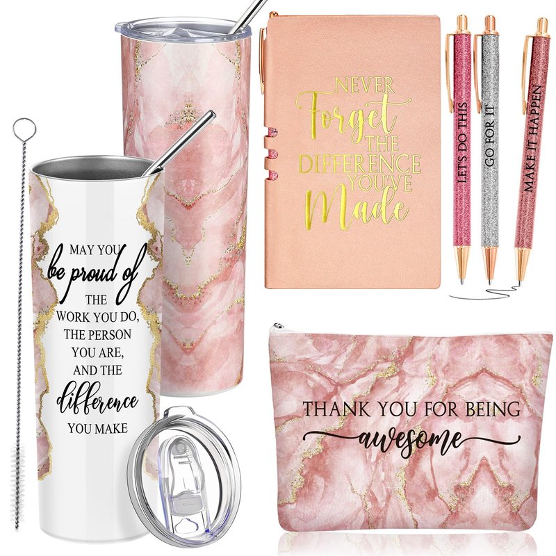 Domensi 6 Pcs Employee Appreciation Gift for Women Teacher Nurse Week Thank You Gift May You Be Proud 20 oz Rustic Marble Sign Tumbler Makeup Bag Journal for Graduation Work Business(Pink)