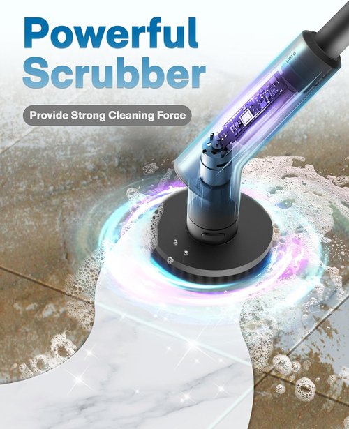 HOTO Cordless Electric Spin Scrubber - Waterproof Bathroom Cleaning Brush with 6 Brush Heads | Long Handle & Powerful 22 in-lb Torque