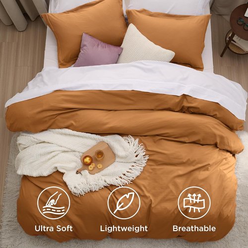 Bedsure Honey Ginger Duvet Cover Set - Extra Soft Cotton-Like Bedding, Full Size 80x90 Inches, 3 Pieces with Zipper Closure & 2 Pillow Shams