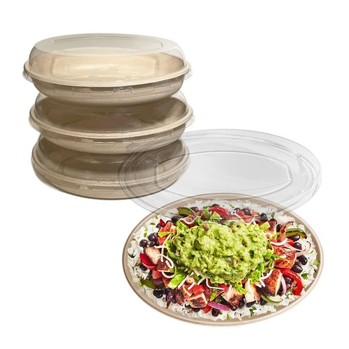 32 oz Disposable Compostable Fiber Oval Burrito Bowls with Dome Lids Heavy-Duty, Eco-Friendly Natural Bagasse Unbleached, Heat Resistant, Biodegradable Paper Salad Bowls Alternative to Plastic (25)