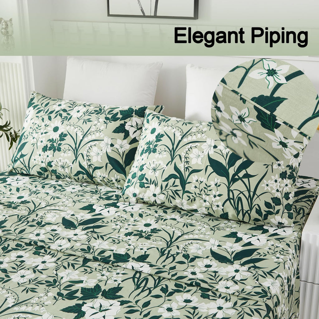 Helthep 100% Cotton Green Floral Printed Bed Sheets, Floral Sheet Set King with 17.5" Deep Pocket, 4Pcs Botanical Patterned Sheets for King Size Bed