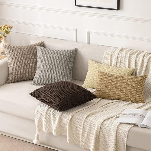 MIULEE Euro Sham Pillow Covers - Soft Corduroy Boho Striped Design | 24x24 Inch Light Brown Decor