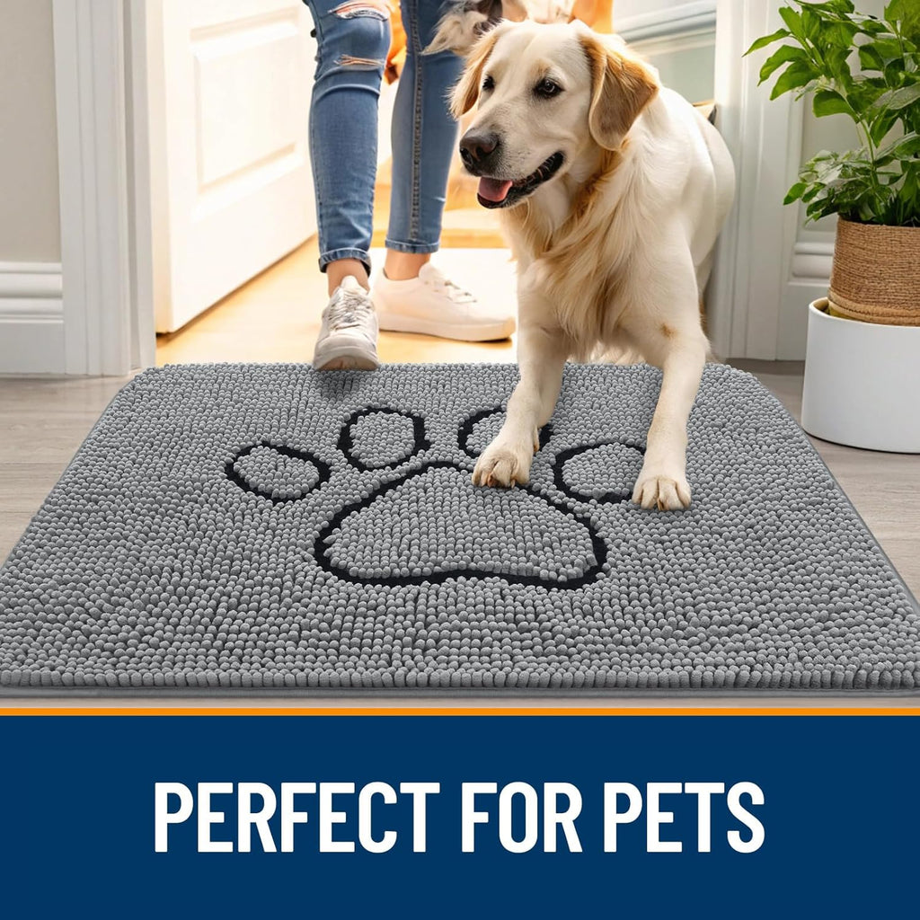 OLANLY Chenille Dog Door Mat - Indoor/Outdoor Entrance Mat Bundle | Grey 30x20 in & Black 29.5x17 in