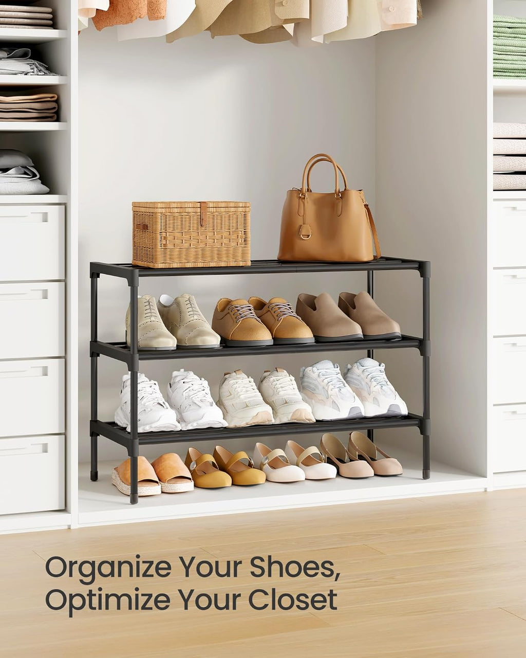 SONGMICS 3-Tier Shoe Rack - Compact Metal Organizer for Small Spaces | Stackable Design, Black, 11.8 x 24.5 x 19.1 Inches