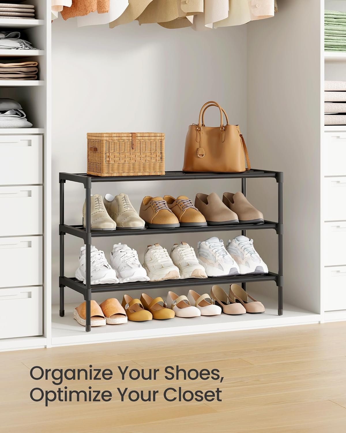 SONGMICS 3-Tier Shoe Rack - Compact Metal Organizer for Small Spaces | Stackable Design, Black, 11.8 x 24.5 x 19.1 Inches