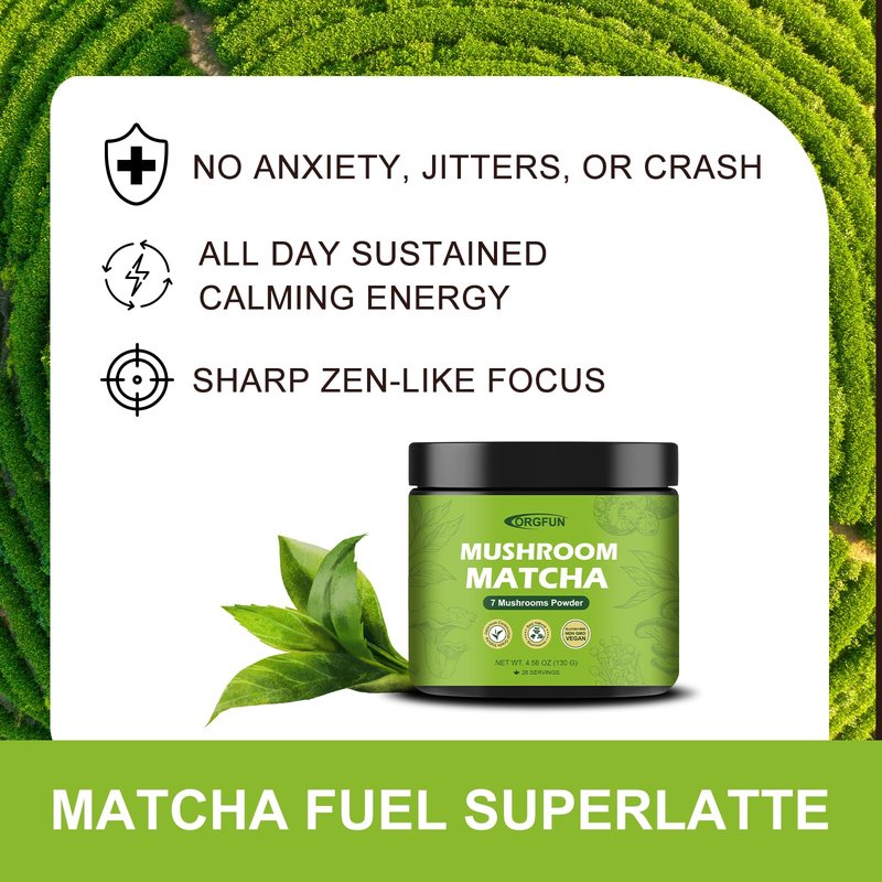 ORGFUN Mushroom Matcha, Japanese Ceremonial Matcha Infused With 7 Superfood Mushrooms, MCT Oil, Coconut Milk Powder, No Added Sugar, Non-GMO, Great Iced Matcha Latte 4.58 Oz