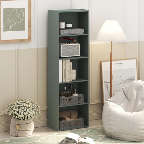 Furinno LUDER 5-Tier Bookshelf - Stylish Open Shelves | Easy Assembly, Sage Green, 9.4 x 15.8 x 52