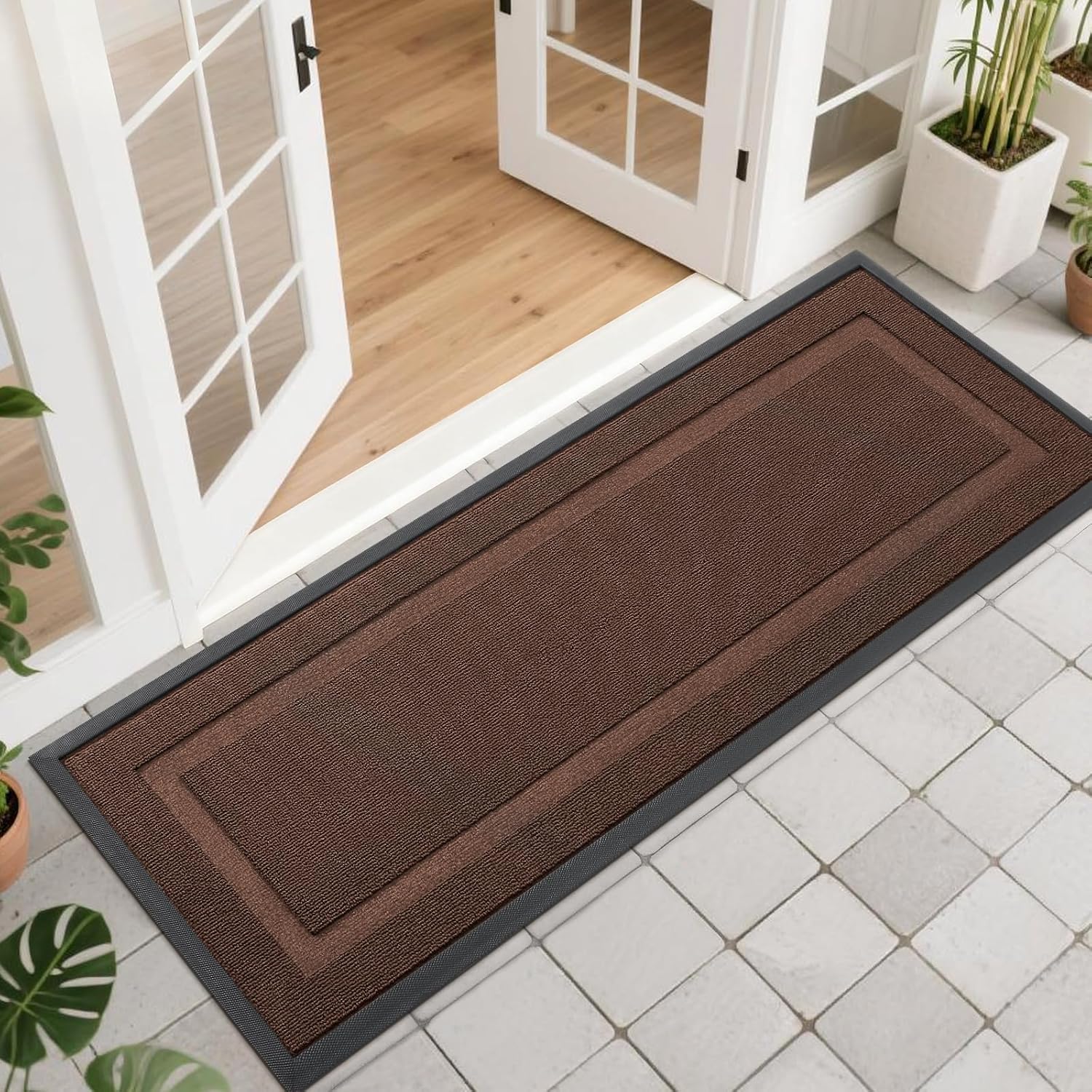 OLANLY Waterproof Front Door Mat - All-Season Natural Rubber Doormat, Easy Clean | 47x17, Chocolate Brown