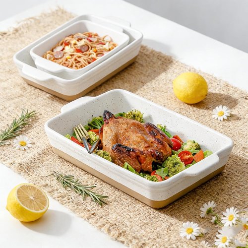 HVH Baking Dish Set - Large 9x13 Ceramic Casserole Dish | Deep Lasagne Pan - Farmhouse White, Set of 3