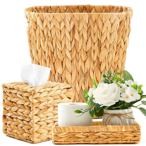 3 Pcs Bathroom Wicker Basket Set Wicker Trash Can Waste Paper Basket Rattan Tray Tissue Square Box Holder Bathroom Set Accessories for Bedroom Kitchen Office Spring Easter Boho Organizer Decoration