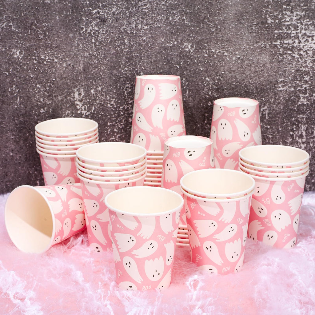 Whaline 50Pcs Halloween Ghost Paper Cups Cute Pink White Ghost Disposable Cups Halloween Party Cups for Cold Hot Coffee Drink Table Decor Supplies, 9 Oz