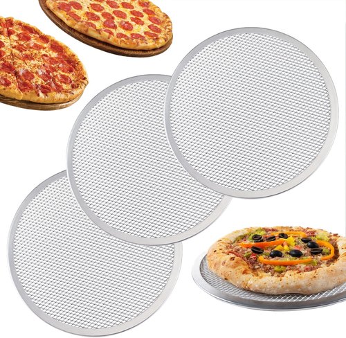 RHBLME 3 Pack Aluminum Alloy Pizza Baking Screen, 12 Inch Pizza Screen Restaurant-Grade Baking Screen for Oven, Round Pizza Crisper Tray Pizza Baking Tray for Home Kitchen, BBQ, Seamless