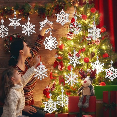MEMOVAN 16PCS Wooden Snowflake Ornaments - 3-Inch White Hanging Decorations for Christmas Tree & Holiday Crafts