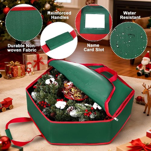 MUDEREK Christmas Wreath Storage Bag - 24" Durable Hard Shell Organizer with Pockets & Dual Zippers