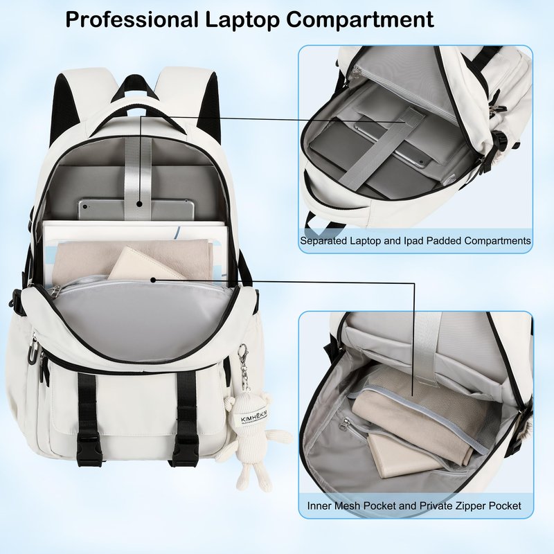 Hidds School Backpack for Teen Girls Women College Laptop Backpacks 3 Pcs Kids Cute Bookbag Set with Lunch Box Pencil Case Elementary Middle High School Bag Students Backpack Set Travel Daypack-Beige