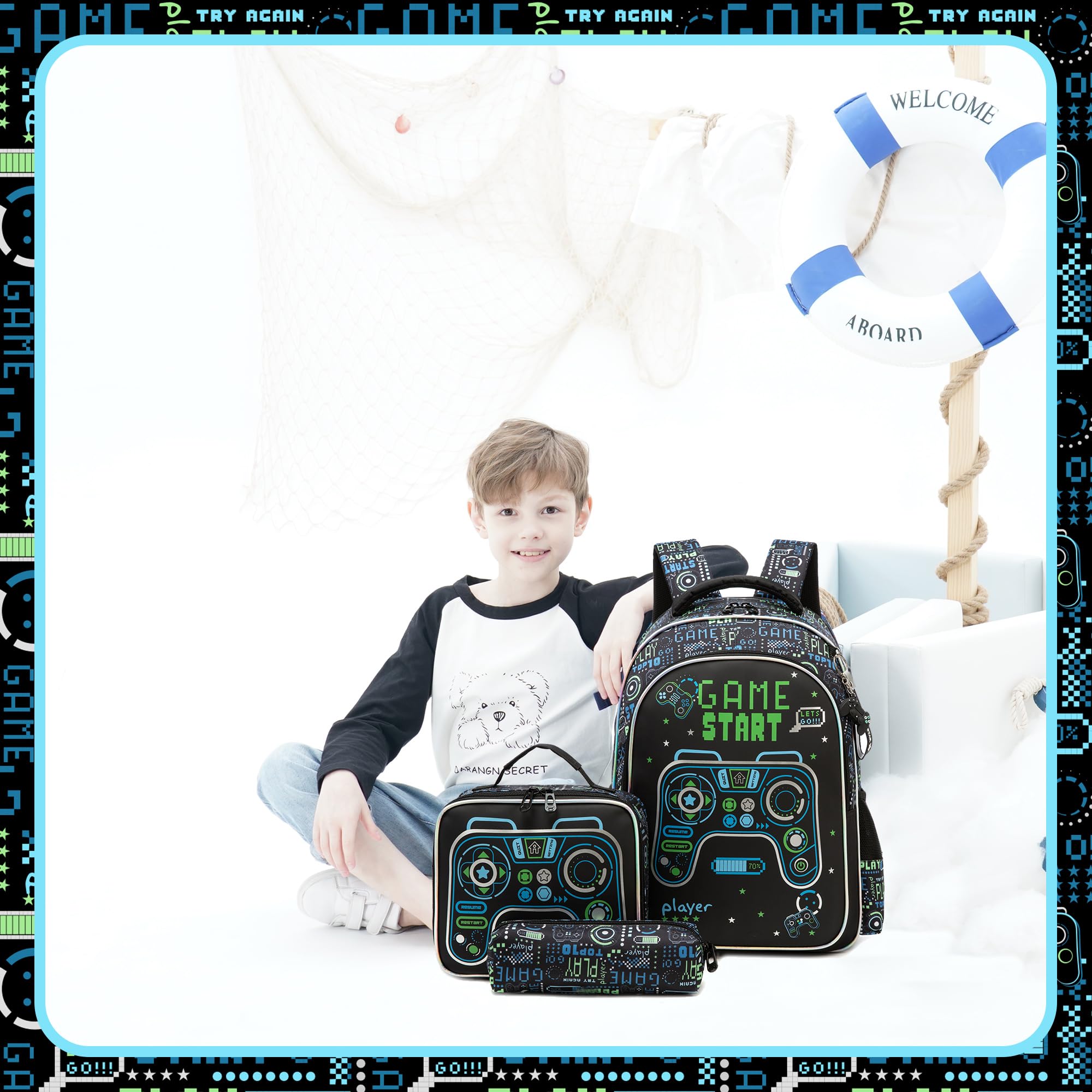 Oruiji Game School Backpack for Boys Backpacks Ages 8-10 with Lunch Box Set Black Bookbag for Boys Backpack for Kids Backpacks Lightweight Elementary Back to School Supplies Kit