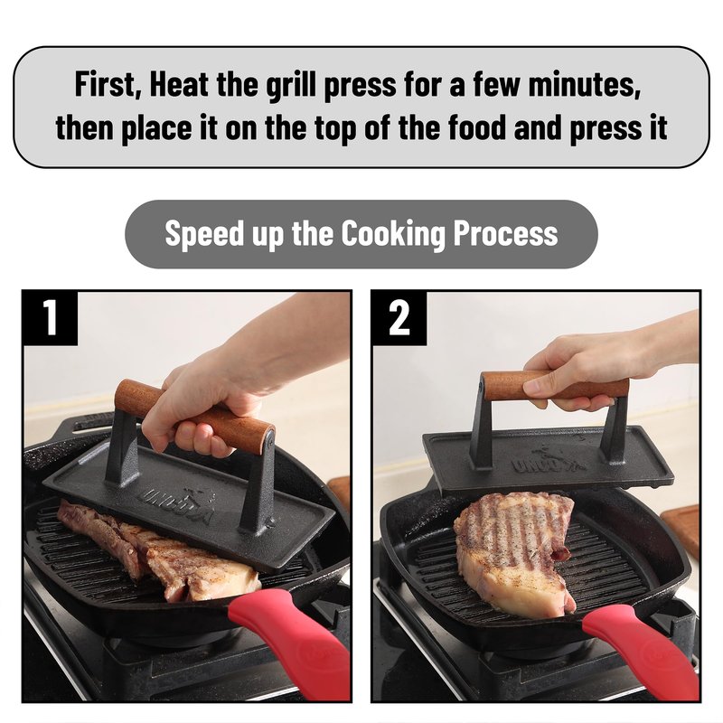 UNCO- Cast Iron Grill Press, 8.5 x 4.1 Inch, 2.6 lbs, Burger Press for Griddle, Sandwich Press, Bacon Press for Griddle, Griddle Press, Meat Press Cast Iron, Hamburger Press for Griddle