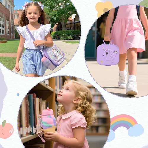 Aimsnk Kids Lunch Box Set -12oz Insulated Food Jar, Thermal Bag,Leakproof Lunch Food Containers Cutlery (BPA Free)-Gift for Girls/Boys Age 3-10(Purple+Purple Jar)