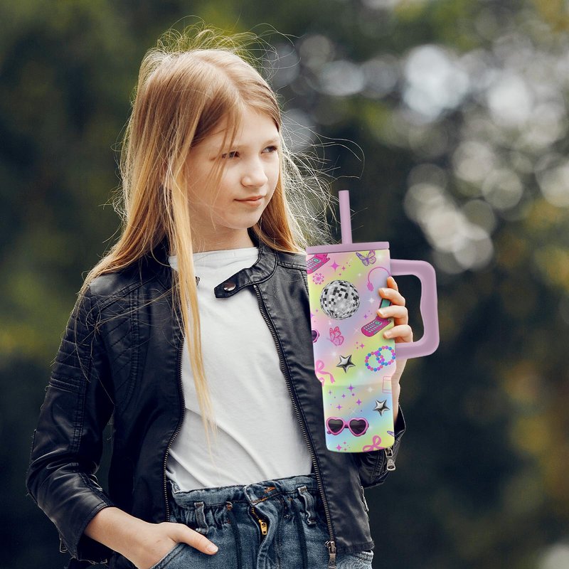Hiboss Birthday Gifts for 10 Year Old Girls, in My Double Digits Era Tumbler with Handle 24oz, 10th Birthday Gifts for Girls, Iridescent Girl Music Disco Theme Party Cup